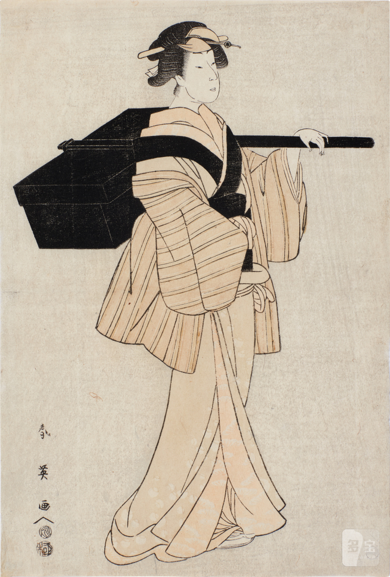 Katsukawa Shun’ei (1762-1819) | An actor in an onnagata role carrying a shamisen case | Edo period, late 18th century